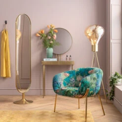 Gouden Kaptafel Met Ronde Spiegel -Zuiver Verkoop kare design curve gouden kaptafel met ronde spiegel 03